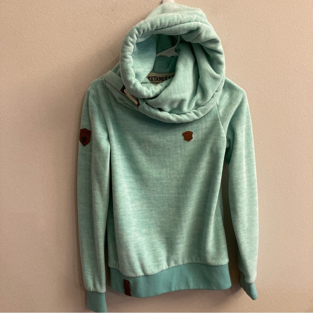 Naketano Hoodie Womens Small Green Sweatshirt Pullover Fleece Cowl Neck Hooded
